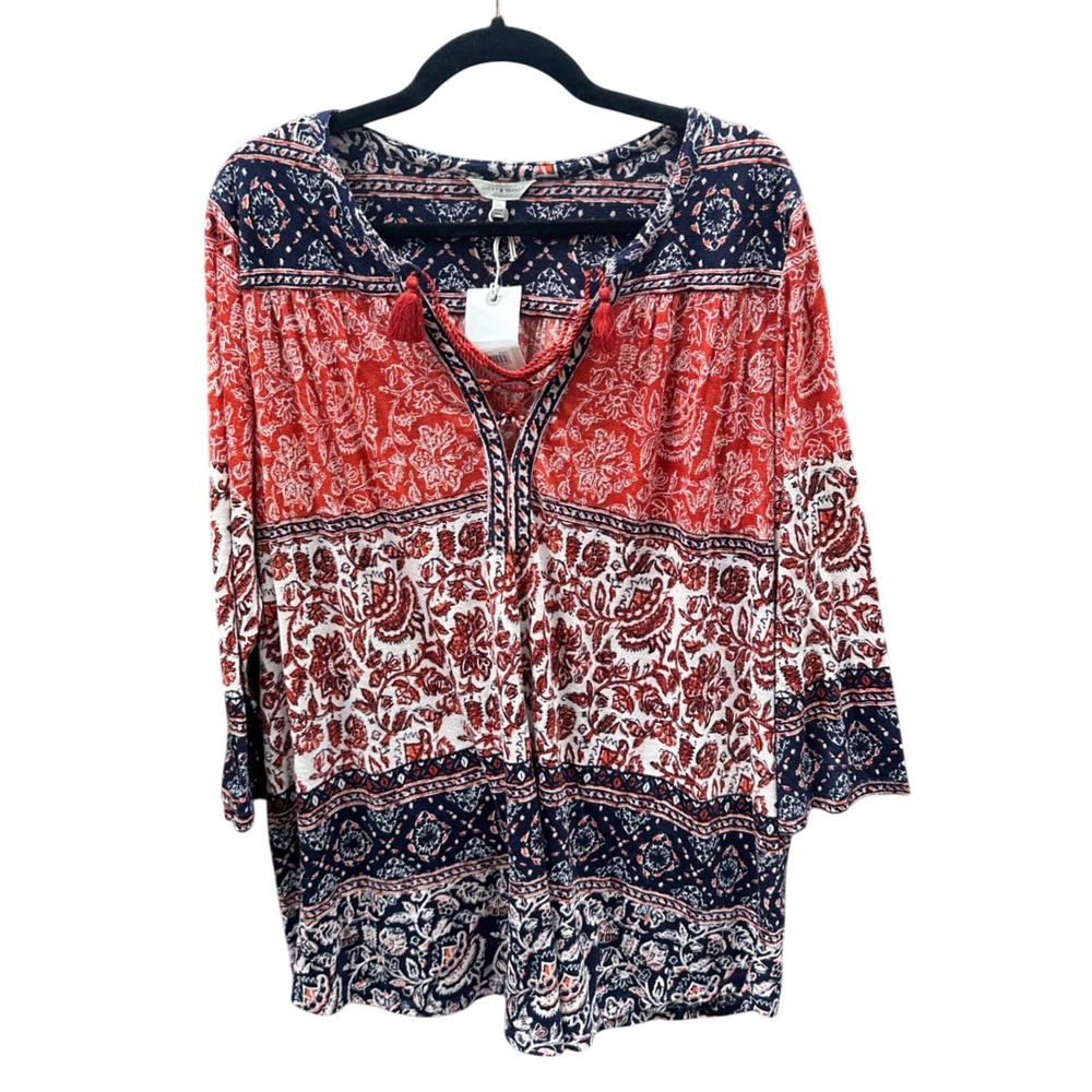 Lucky Brand Women 2X Red Navy Paisley Tassel Peasant Blouse 7Q63175 NWT